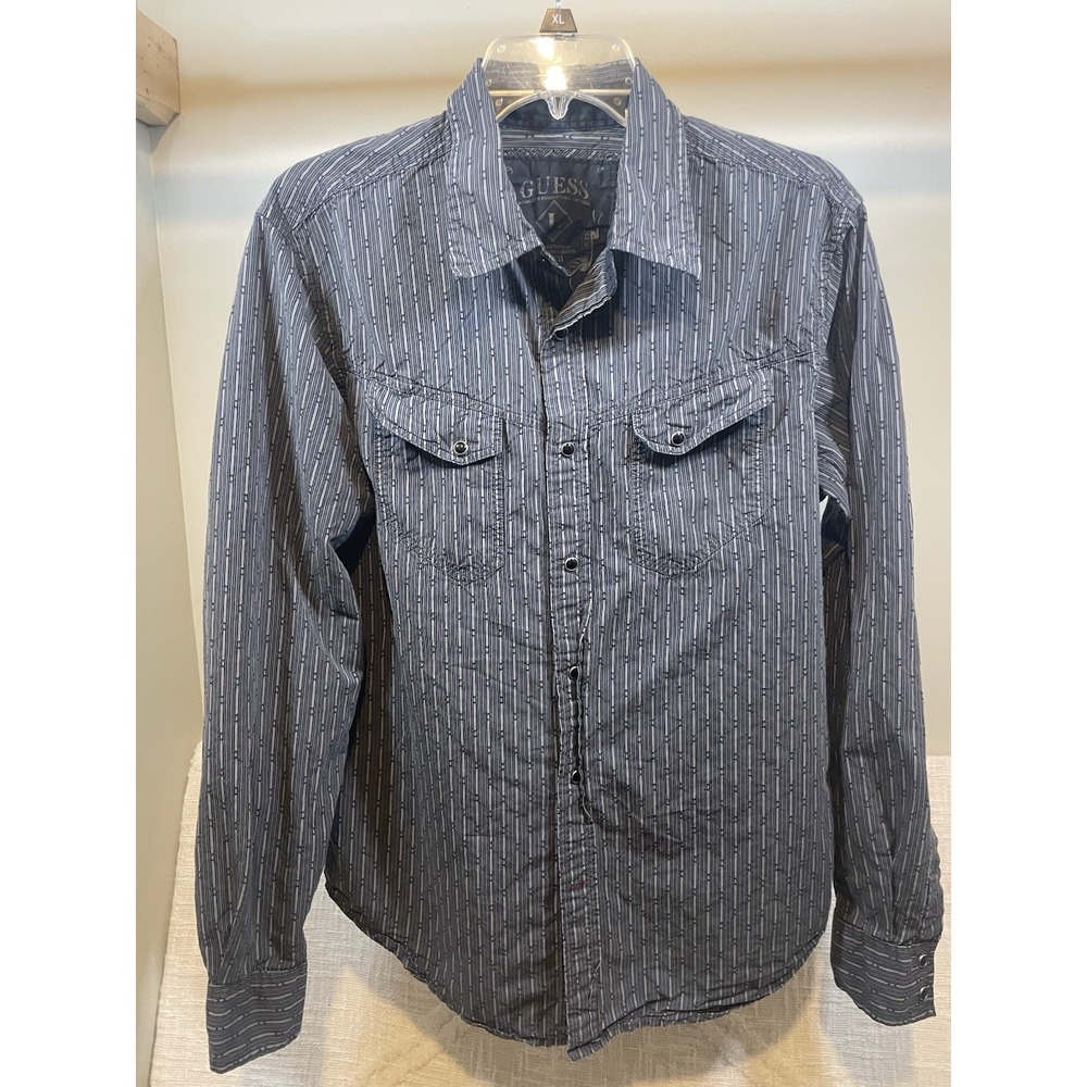 Guess Jeans Charcoal Pearl Snap Western Style Button Cotton Viscose Shirt Mens L
